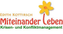 Logo mit gelber Blume, Text: "Edith Kottirsch Miteinander Leben, Krisen- und Konfliktmanagement".
