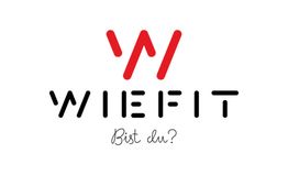 Logo mit Aufschrift "WIEFIT" und Text darunter "Bist du?" in Schwarz und Rot.