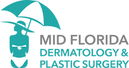Silhouette of woman with umbrella, "Mid Florida Dermatology & Plastic Surgery" text logo.