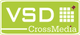 Grünes Logo mit weißem Text: "VSD CrossMedia"; rechts ein Rastermuster.