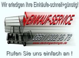 Einkaufsservice-Werbung mit Einkaufswagen, Telefonnummer und Website für günstige Einkäufe.