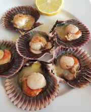 Vieiras en sus conchas sobre un plato blanco, acompañadas de medio limón en rodajas.