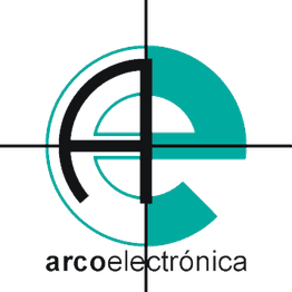 Logotipo de Arco Electrónica con letras negras y diseño circular verde y negro.