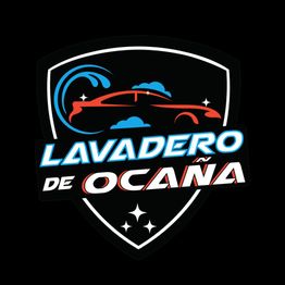 Logotipo de "Lavadero de Ocaña" con un coche y gotas de agua sobre fondo negro.