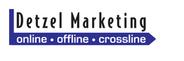 Logo mit Text: "Detzel Marketing", darunter blaues Banner: "online • offline • crossline".
