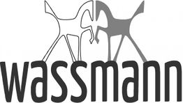 Zwei stilisierte Pferde über dem Schriftzug "wassmann" in Schwarz-Weiß.