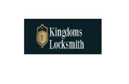 Kingdoms Locksmith logo with shield and key design on a dark background.
