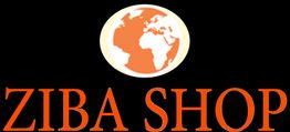 Logo mit Weltkugel und Schriftzug "Ziba Shop" in orange auf schwarzem Hintergrund.