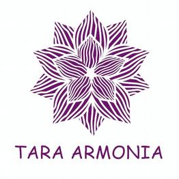 Flor morada estilizada con texto "TARA ARMONIA" debajo.