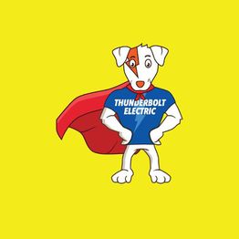 Cartoon dog in superhero cape and "Thunderbolt Electric" shirt on a yellow background.