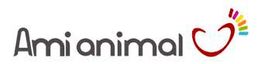 Logotipo de "Amianimal" con letra gris y un corazón rojo. Rayas multicolores sobre el corazón.