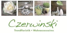 Blumen und Schmuck, mit grünem Czerwinski-Logo: Trendfloristik und Wohnaccessoires.