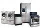 Set of stainless steel appliances: washer, dryer, dishwasher, fridge, and oven.