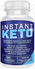 Instant Keto supplement bottle with label detailing benefits and 800 mg dosage.
