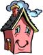 Illustration eines rosa Hauses mit Gesicht, das fröhlich lächelt und Rauchschwaden ausstößt.