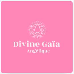 Fond rose avec texte "Divine Gaïa Angélique" et motif floral stylisé en blanc.