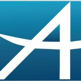 Blue logo with a stylized white letter "A" crossing through the center.