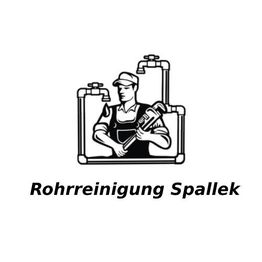 Mann mit Rohrzange von Rohren umrahmt, darunter der Text "Rohrreinigung Spallek".