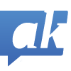 Blaues Logo mit den weißen Buchstaben "a" und "k", die in einer Sprechblase stehen.