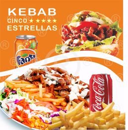 Kebab con papas fritas, Coca-Cola, Fanta y ensalada. Texto: "Kebab cinco estrellas".