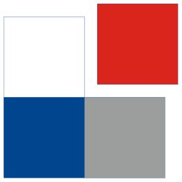 Vier Quadrate: oben rot und weiß, unten blau und grau.
