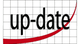 Ein Gitterhintergrund mit dem Wort "up-date" und einer nach oben verlaufenden roten Linie.