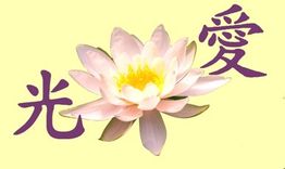 Lotusblume mit zwei lila chinesischen Schriftzeichen auf gelbem Hintergrund.