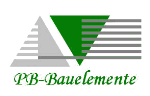 Logo mit grauem und grünem Dreieck, darunter Schriftzug "PB-Bauelemente".