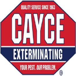 Cayce Exterminating logo with slogan "Your Pest. Our Problem." since 1963 in red and blue.
