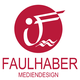 Rotes Logo „Faulhaber Mediendesign“ mit stilisiertem Drehknopf und Linien auf rotem Kreis.