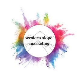 Colorful splash background with "Western Slope Marketing" text inside a white circle.