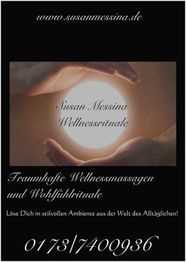 Hände umgeben ein strahlendes Licht, Text: "Wellnessmassagen und Wohlfühlrituale".