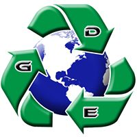 Recycling arrows around Earth with letters G, D, E on each arrow.