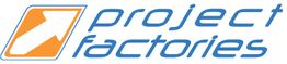 Logo mit blauem Schriftzug "project factories" und einem orange-weißen Pfeil nach rechts.