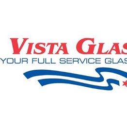Logo of Vista Glass with red text and blue swoosh design featuring a star.