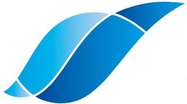 Abstraktes blaues Logo, das aus zwei geschwungenen, überlappenden Formen besteht.