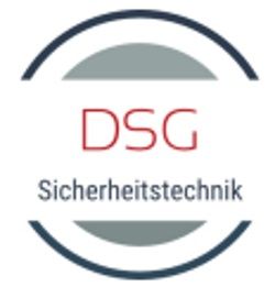 Logo mit Text "DSG Sicherheitstechnik" in einem Kreis.