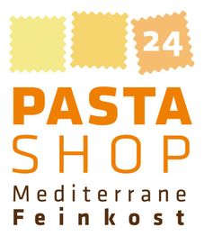 Logo mit der Aufschrift "Pasta Shop 24 Mediterrane Feinkost" in Orange- und Gelbtönen.