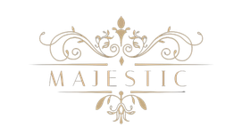 Logo ornamental con la palabra "MAJESTIC" en el centro y decoraciones elegantes arriba y abajo.