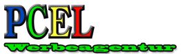 PCEL Logo mit farbigem Schriftzug und grünem "Werbeagentur" unten.