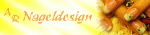 Gelbe Grafik mit dem Text "AR Nageldesign" und einer Nahaufnahme von kunstvoll lackierten Nägeln.