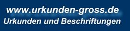 Text auf blauem Hintergrund: "www.urkunden-gross.de Urkunden und Beschriftungen".