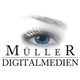 Blaues Auge über dem Text "Müller Digitalmedien". Elegantes, modernes Design.