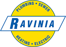 Ravinia logo featuring "Plumbing, Sewer, Heating, Electric" on a yellow circle with blue background.