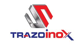 Logo de TrazoInox con letras azules y rojas y un diseño abstracto en gris y rojo encima.