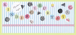 Geburtstagskarte mit bunten Buchstaben auf gestreiftem Hintergrund. Text: "Kindergeburtstag".
