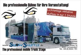 Mobile Bühne auf LKW, Werbung für Events. Schneller Aufbau in 1 Stunde. Kontaktdaten sichtbar.