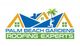 Logo of Palm Beach Gardens Roofing Experts with houses, a roofer, and a palm tree.