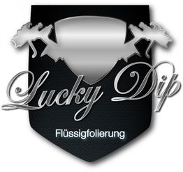 Logo mit Schriftzug "Lucky Dip" und "Flüssigfolierung", Pferdesilhouetten und stilisiertem Schild.