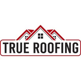 Logo with three red roofs and black text: "True Roofing."